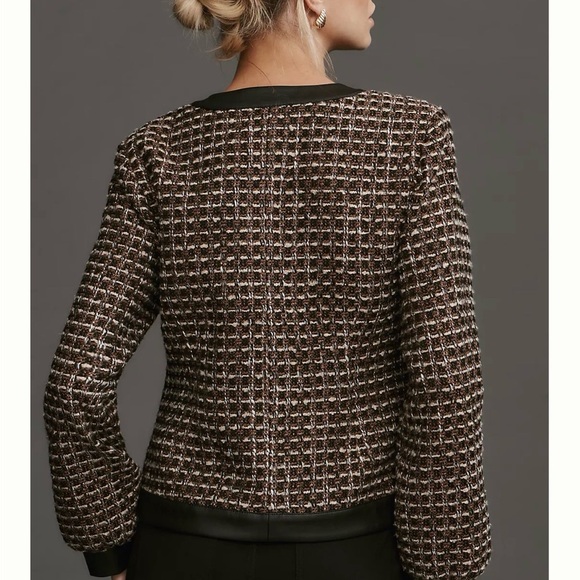 Anthropologie Bow Faux Leather-Trimmed Tweed Lady Jacket- medium - Picture 6 of 11